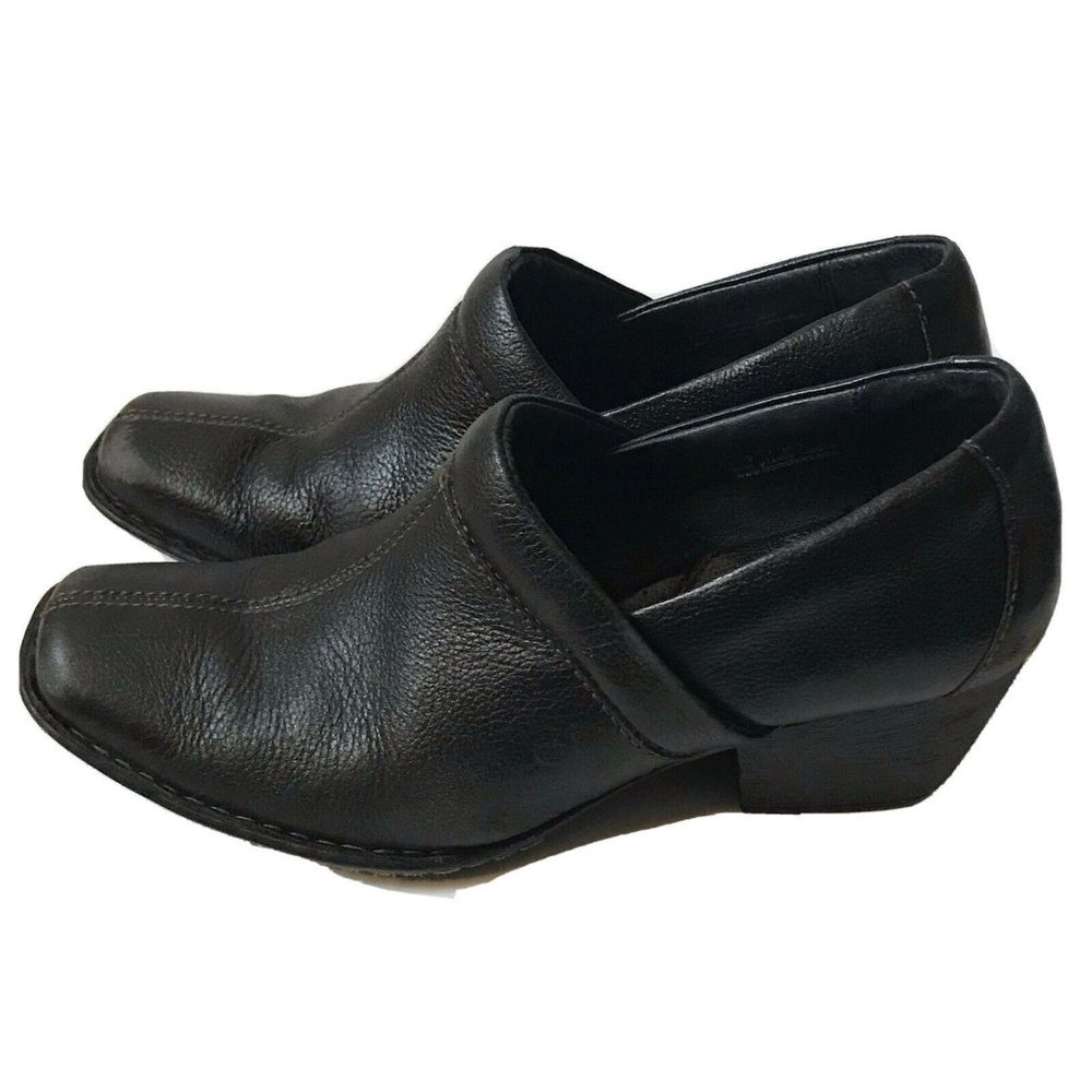 Born Black Leather Square Toe Block Heel Clogs Mules B72403 Womens 9 40.5